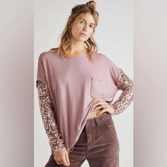 Free People | Celine Tee Sequin Embellished Long Sleeve in Lavender Size XL - Picture 3 of 16